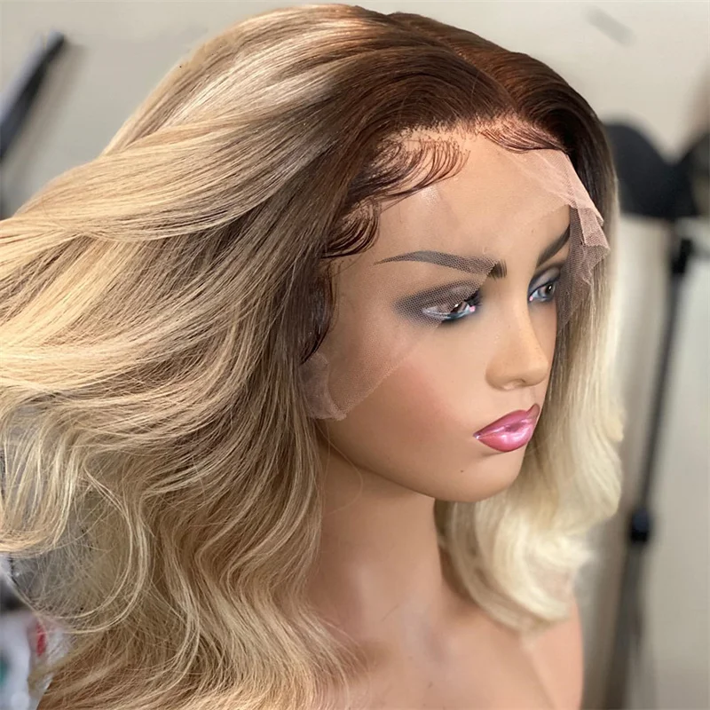 Blonde Short Bob Wig Transparent Lace Front Human Hair Wigs 13X4 Honey Blonde Dark Root Colored Short Bob Lace Frontal Wig