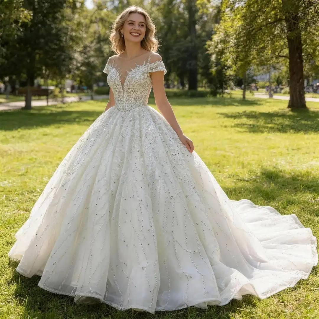 

Customized Luxurious Ball Gown Lace Wedding Dresses Floor Length Sequins Beaded Bridal Gowns with Chapel Train