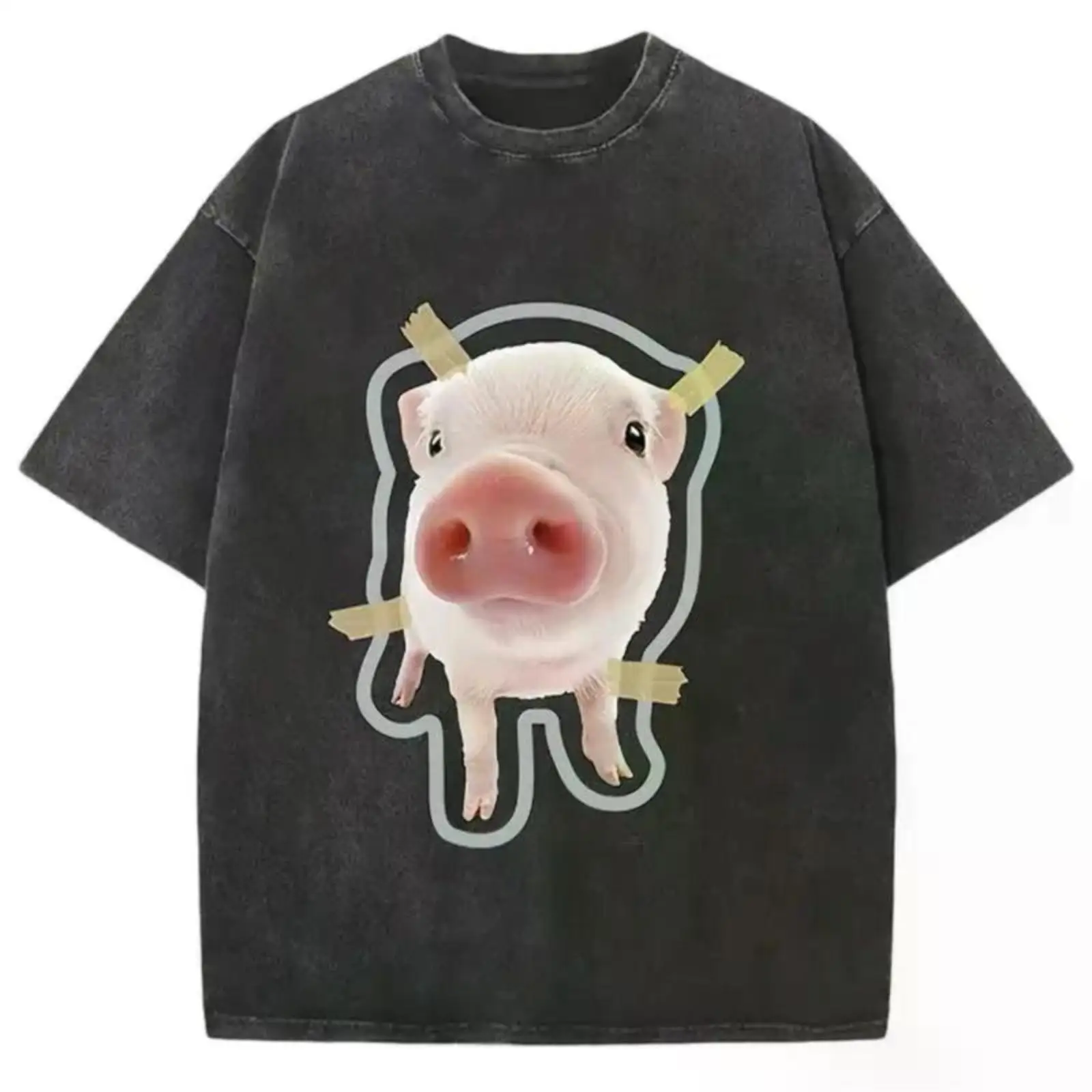 

Funny Taped Pig T-shirt Women Men Meme Graphic Tee Cute Animal Print Tops Washed Streetwear Humor Gifts