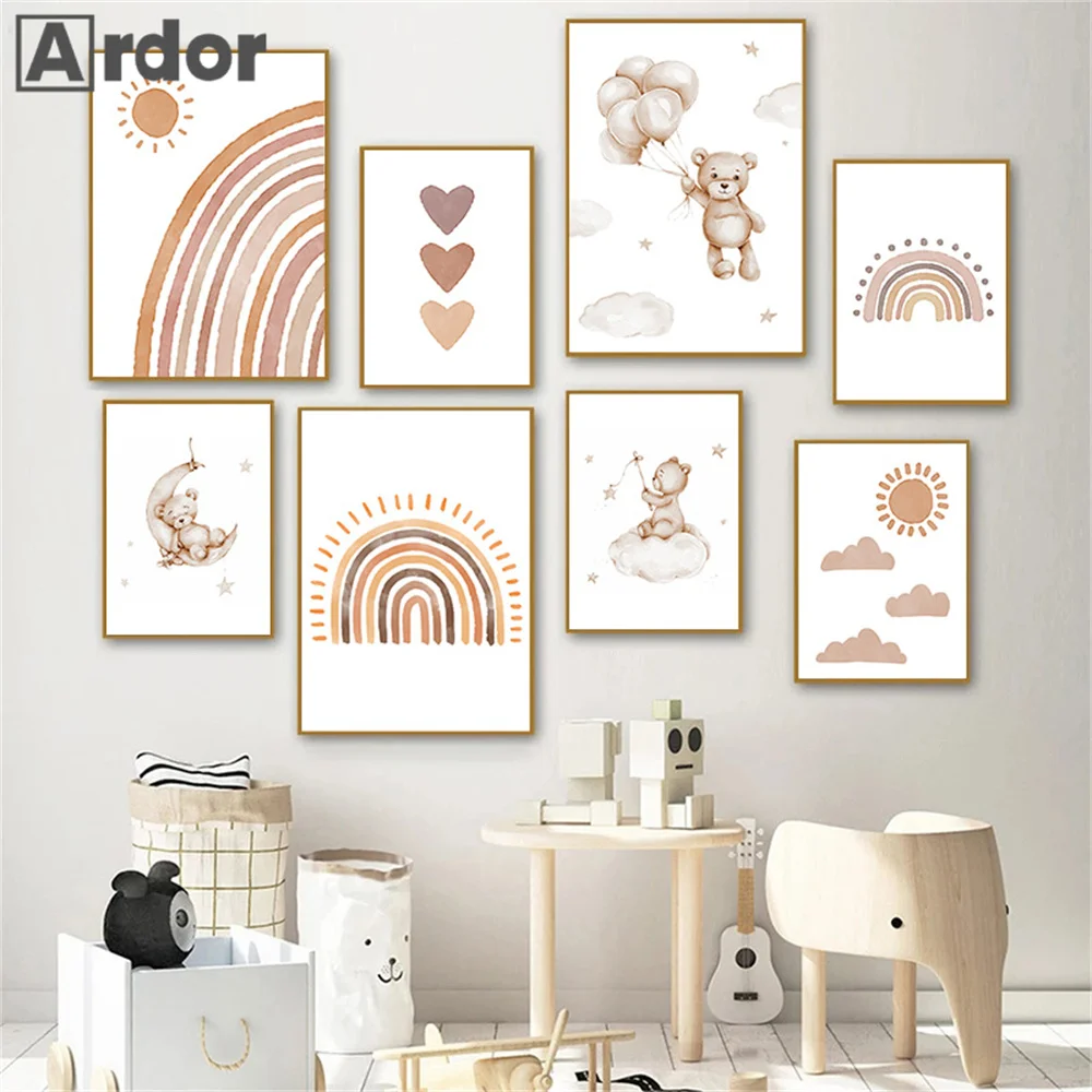 Sun Rainbow Canvas Painting Nursery Print Posters Star Cloud Bear Wall Art Poster Nordic Wall Pictures Kids Baby Room Decoration