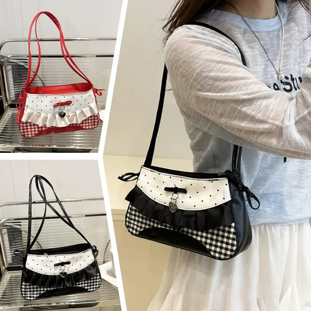 Sweet Bow Patchwork Shoulder Bags for Women Korean Style Butterfly Plaid Commuting Handbags Lady Versatile Underarm Pack