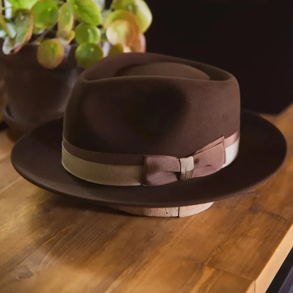 

Pure Wool Felt Hat with Two-Tone Bow Ribbon Decoration, Wool Fedora with Teardrop Top and Upturned Brim, Sheepskin Hat, Felt Hat