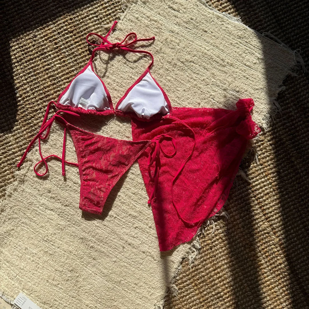 Netz-Sarong-Spitzen-Bikini mit Neckholder und hohem Beinausschnitt, Damen-Badeanzug, dreiteiliges Bikini-Set, Badebekleidung, Badeanzug, Schwimmanzug V6284H – Detail 31