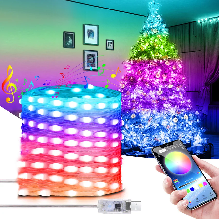 100/200led Smart BT Fairy Lights controllo App USB Remote RGB albero di natale luci scintillanti per decorazioni da giardino per feste di matrimonio