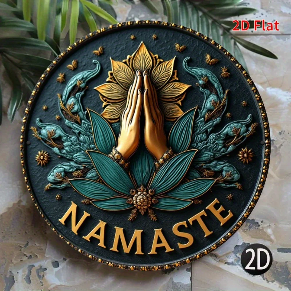 2D flach, 1 Stück rundes Namaste-Metallschild – spirituelle Willkommensdekoration mit Gebetshänden, schwarzen und goldenen Akzenten