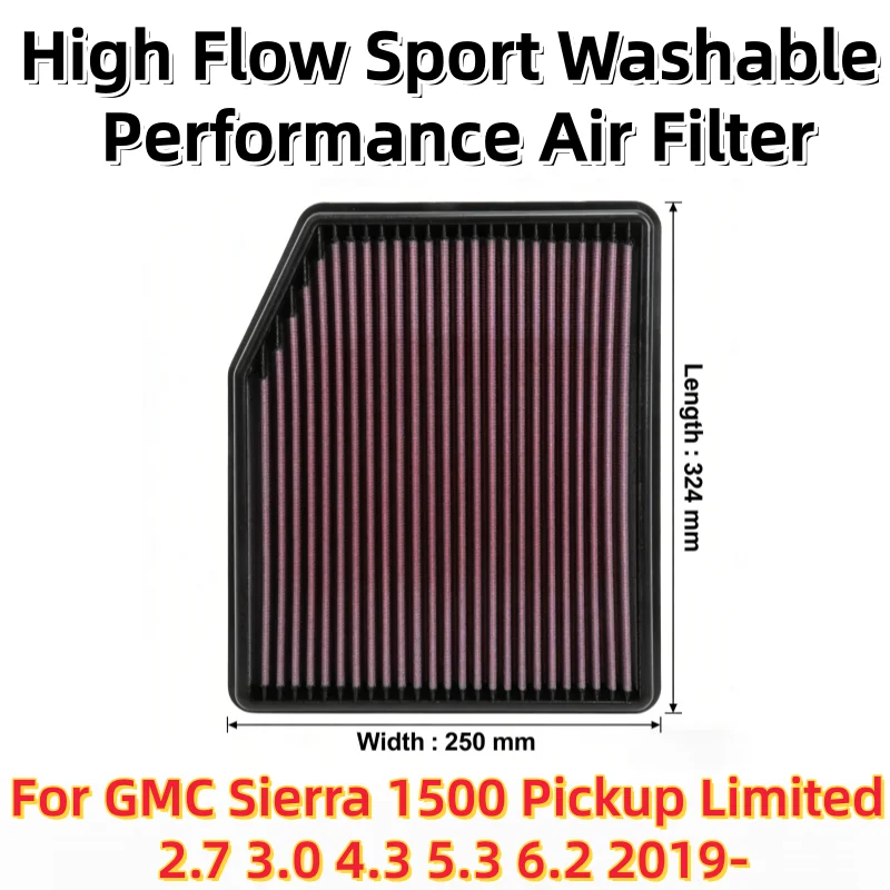 For GMC Sierra 1500 Pickup Limited 2.7 3.0 4.3 5.3 6.2 2019- High Flow Sport Washable Performance Air Filter 33-5083 84121217