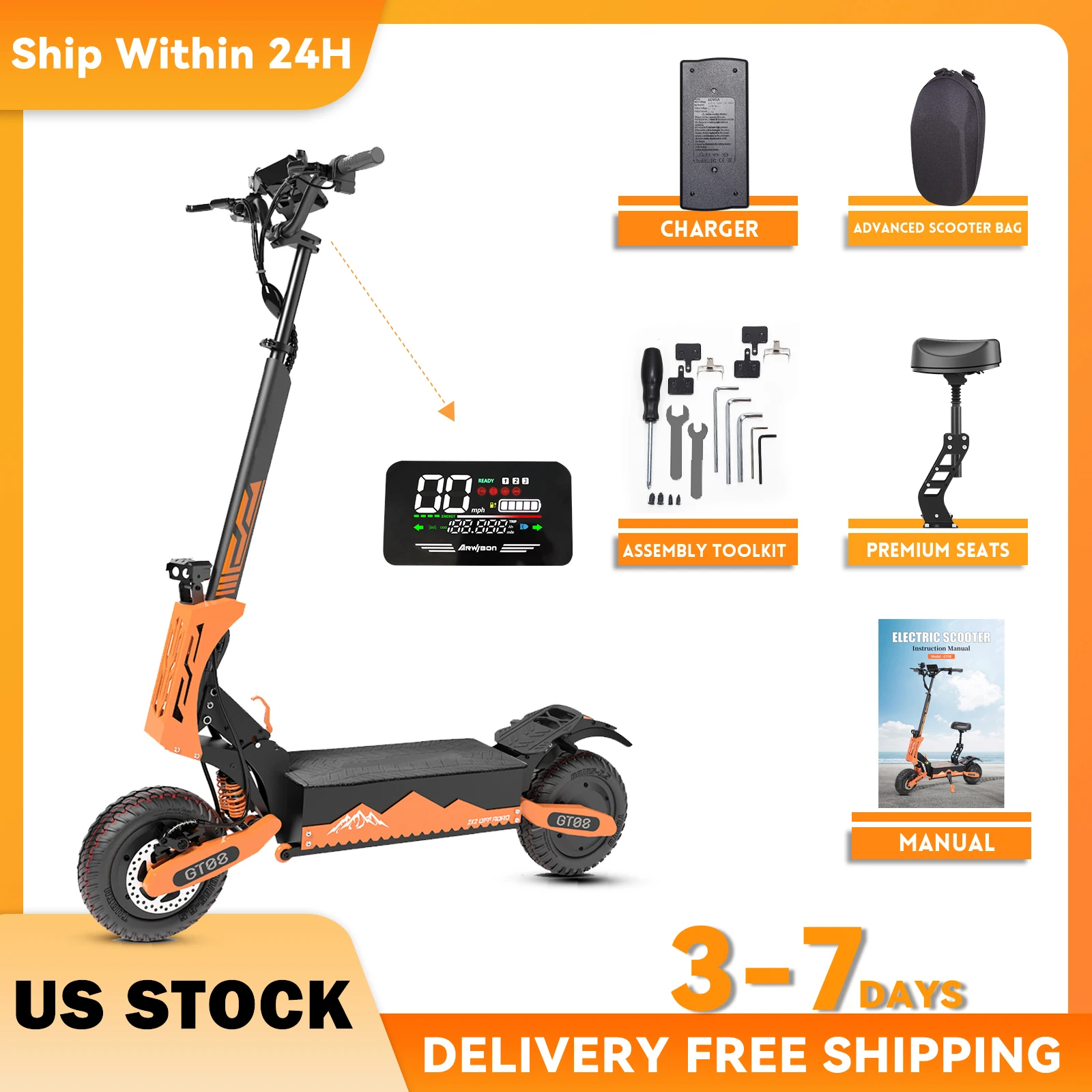

Arwibon 5600W Adult Electric Scooter Dual Motor Top Speed 46MPH,60V27AH, 11-inch Off-Road Tires Sport Folding eScooter with Seat