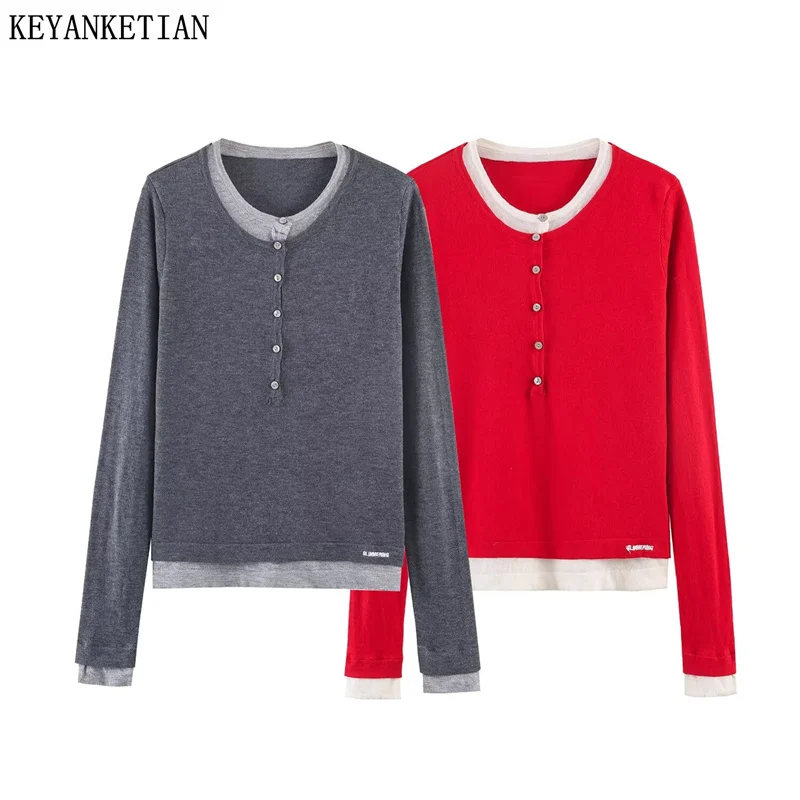 

KEYANKETIAN 2026 Spring New Retro Preppy Color Block Two-Piece knit Pullover Blouse Women Slim Fit Henley Neck Knitwear Top