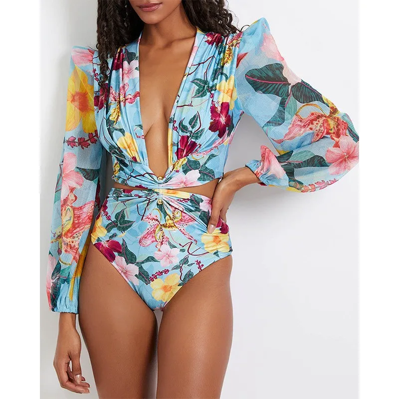 Cikini Traje de baño de una pieza de manga larga sin espalda, traje de baño con cuello en V y cordones de cintura alta para mujer