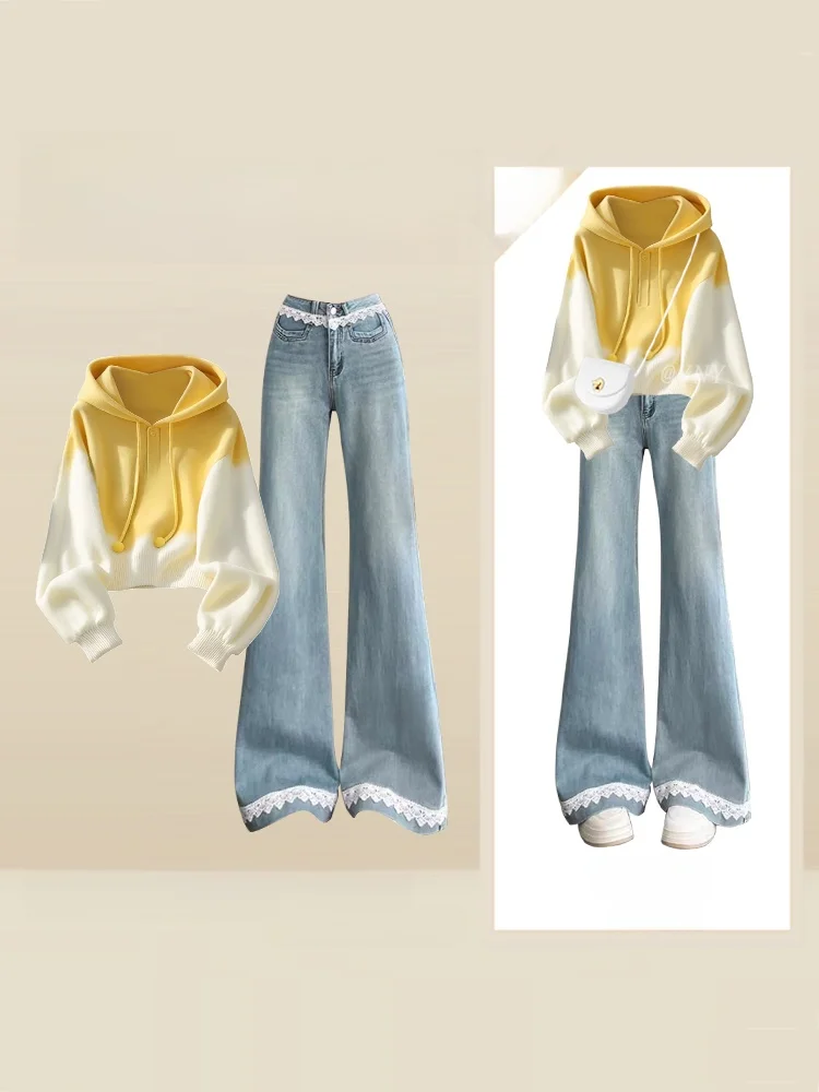 

Повседневный осенне-зимний комплект: худи с кружевными вставками и широкие джинсы, комплект из двух предметов, антивозрастной корейский стиль для женщин