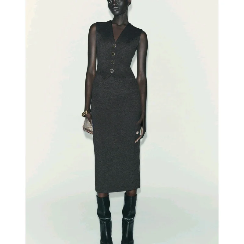 Winter nieuwe collectie mat Sle Midi Dr Svel V-Ne rechte zoom knop decor dames casual pure kleur polyester