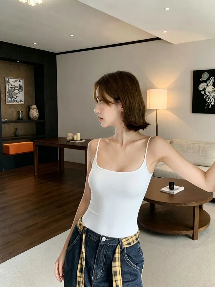 Women Square Neck Bodysuit Thin Spaghetti Strap Sleeveless High Stretch Slim Fit Basic Solid Cami Jumpsuit