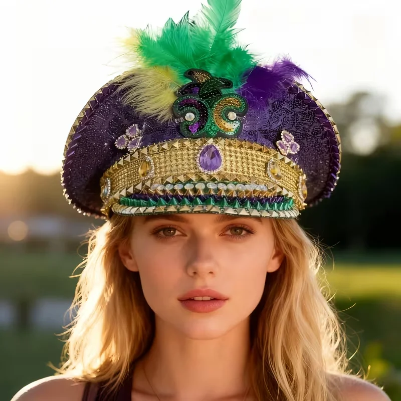 

HongLuan Colourful Luxury Disco Mardi Gras Captain Hat Rhinestone for Carnival, Rave Festivals Accessories & Party Hat Woman