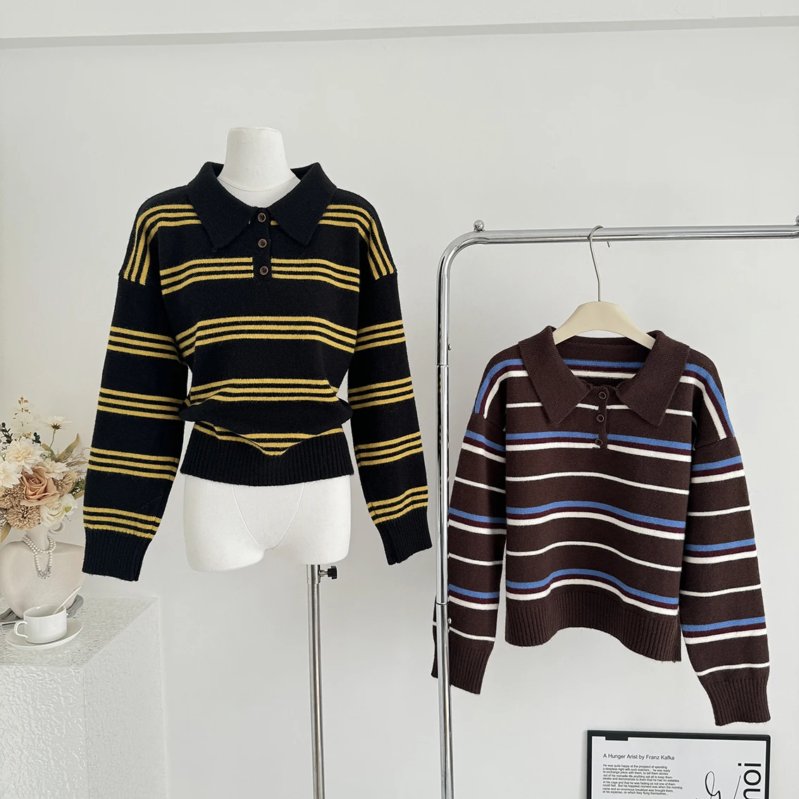 

Women's Autumn Winter Polo Collar Long Sleeve Stripe Loose Sweater Lady Casual Vintage Pullover Basic Jumper Top