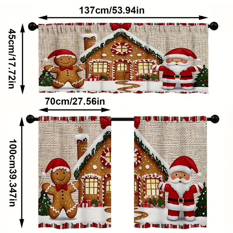 VIKAMA Christmas Kitchen Curtain Gingerbread Man House Print Window Curtain Tier Kitchen Sink Decor Holiday Winter Cozy Home