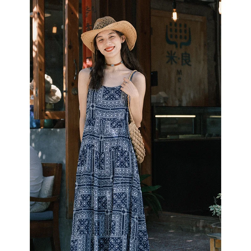 Dream Horse Blue National Style Dress Wide Truffle Back Slim Sling Dress Yunnan Xishuangbanna Holiday Style