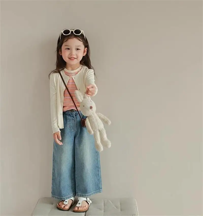 Humor Bear Girl Clothes Kids Clothing Summer Baggy Multi-pocket Elastic-waisted Jeans Wide-leg Pants Girls Pants