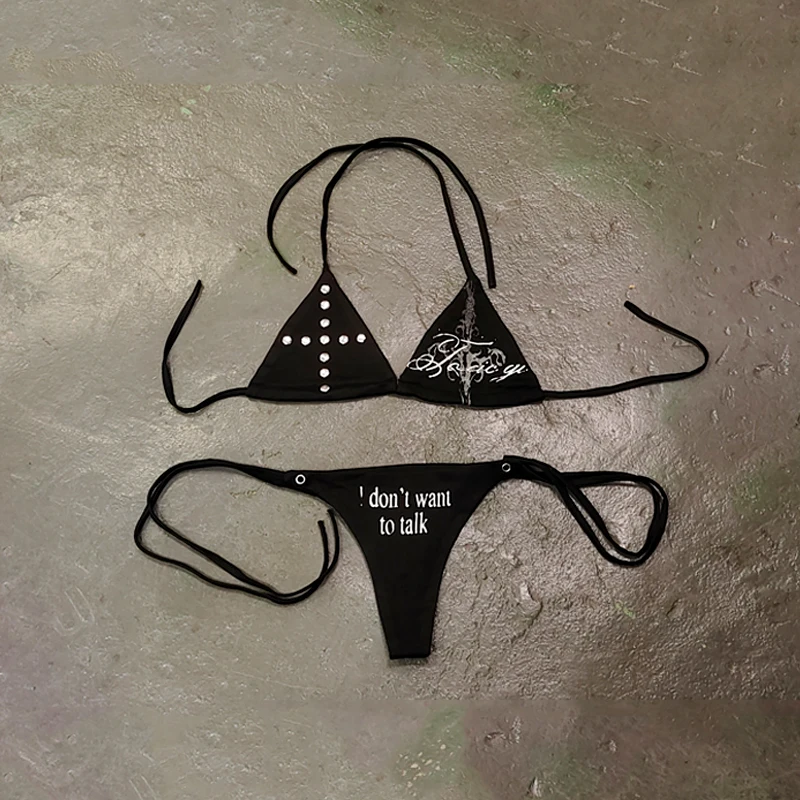 Gothic fashion letter print decoration summer women's clothing new sexy bikini set swimsuit slim fit retro 2000s Y2K emo girl