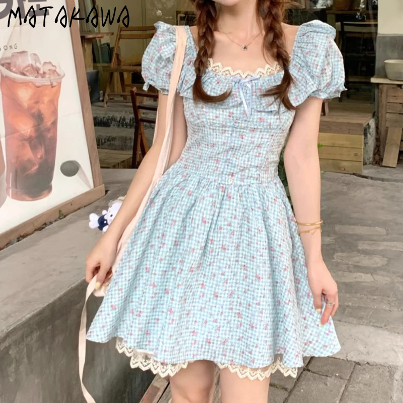 

Matakawa Slash Neck Mini Dresses Japanese Style Puff Sleeve Sweet Vestidos Mujer Fashion Spring Summer Retro A-line Women Dress