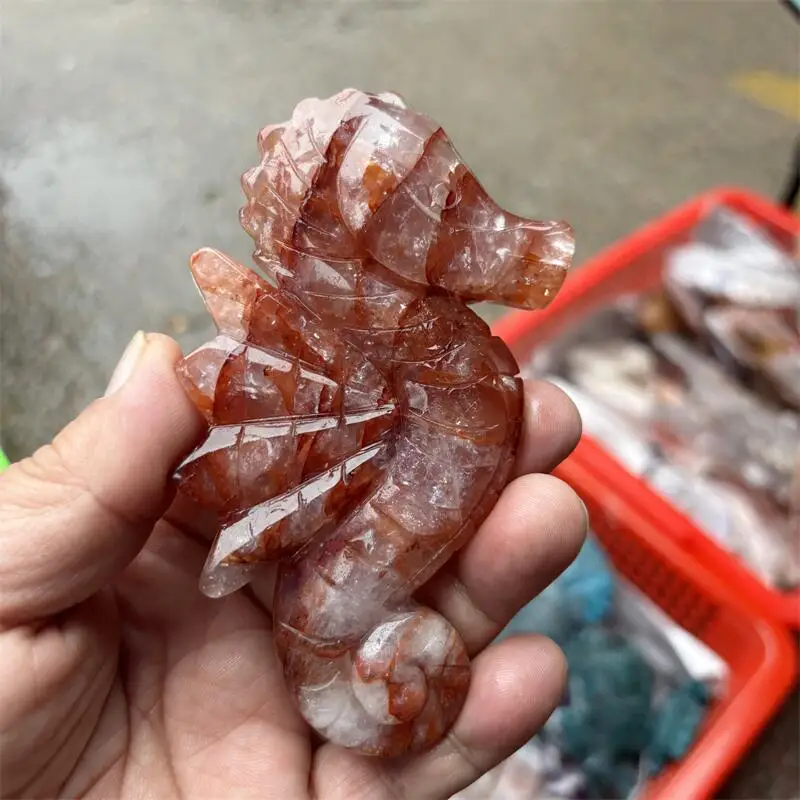 Natural Red Fire Quartz Hematoid Seahors Carving Crystal Love Healing Fengshui Gemstones HomeDecoration Holiday Gift 1PCS