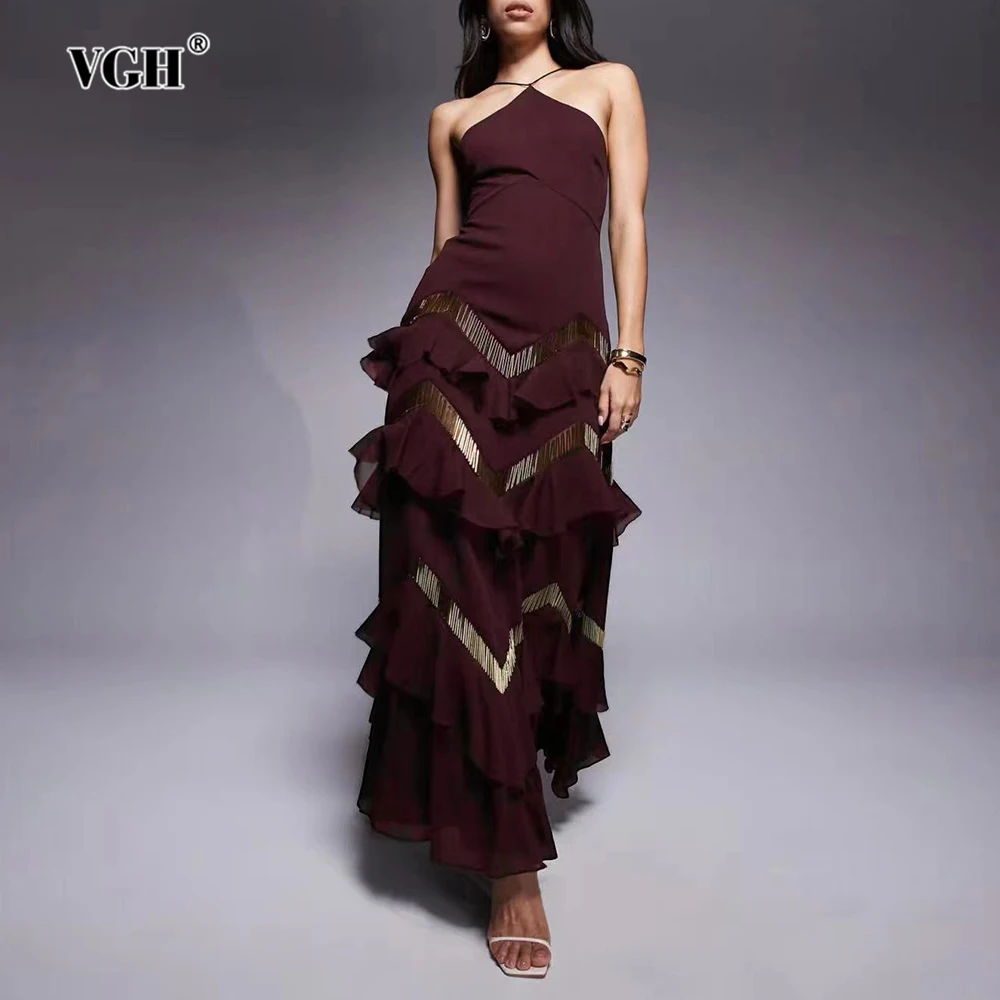 

VGH Hit Color Spliced Metal Tassel Dress for Women Halter Neck Backless High Waist Patchwork Ruffles Dresses Female 2026 Summer