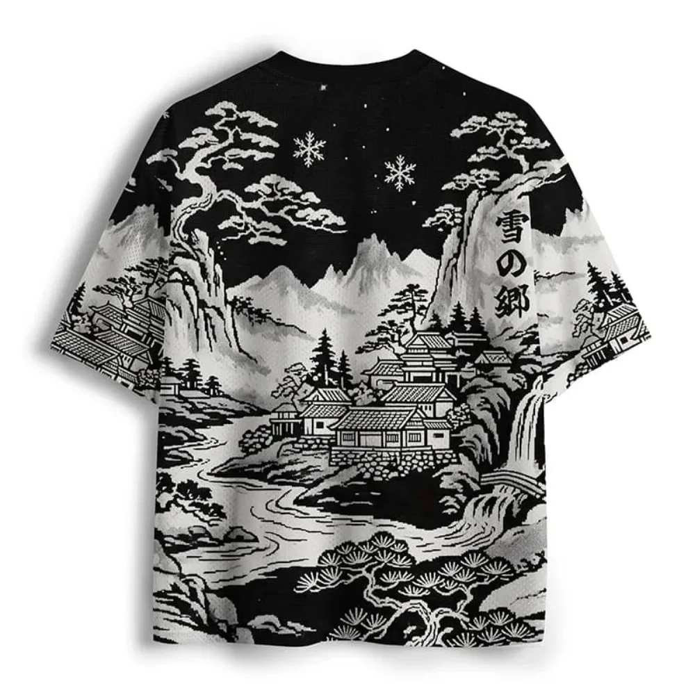 Modische japanische Ukiyo-e-Landschaftsmuster, 3D-gedrucktes lässiges Street-Outdoor-Fitness-T-Shirt für Männer mit V-Ausschnitt, große Größe, Eltern-Kind-Modell – Detail 3