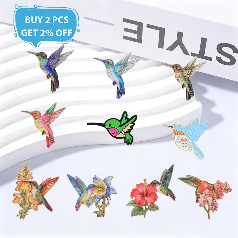 Cute Hummingbird Badge Retro Colorful Bird Flower Enamel Pins Fashion Lapel Brooches Backpack Clothes Jewelry Gift for Friends