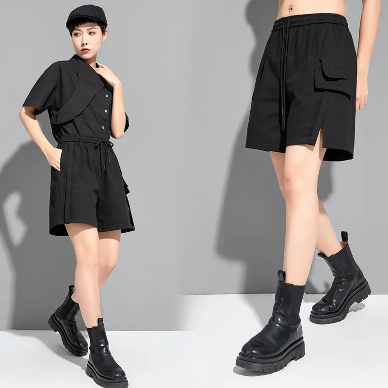 High Waist Wide Leg Shorts Women Summer 2022 Black Trousers Cotton Drawstring Pockets Split Thin Sport Streetwear