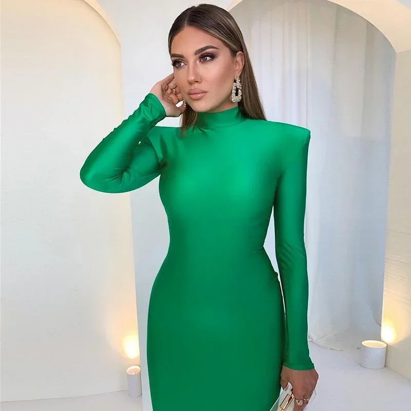 Summer Fashion Style Round Neck Solid Long Sleeve With Shoulder Pads Turtleneck Dress Women Fashion Streetwear Elegant Skinny