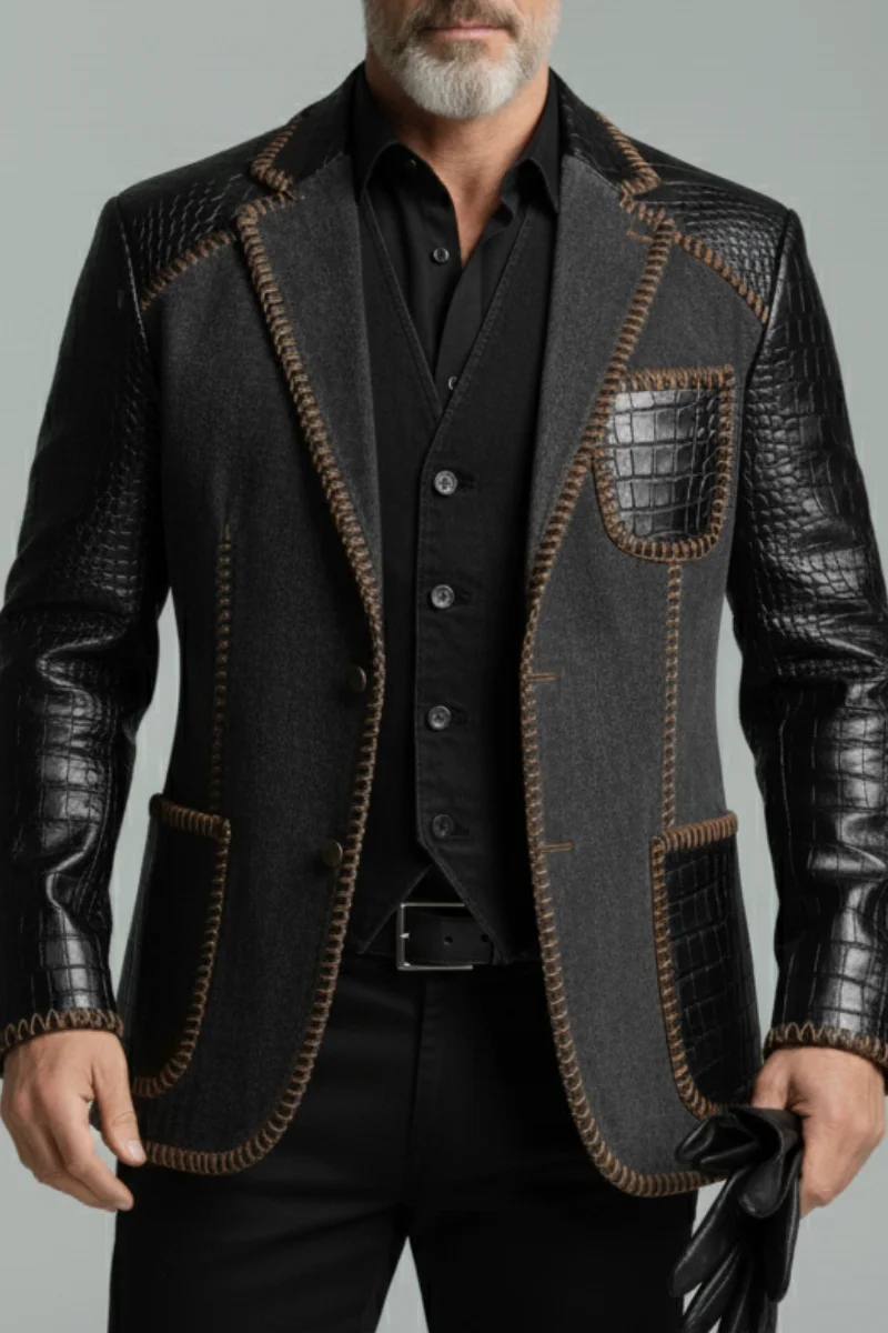 Men's Black & Grey Suit Jacket Allover Contrast Stitching Faux Leather Crocodile Patchwork Slim Fit Stage Blazer