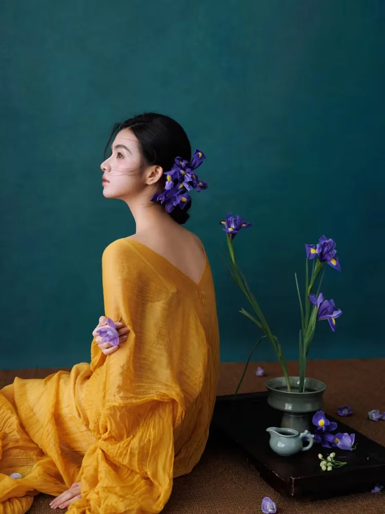 

Retro Chinese Zen Style Portrait Photography Costume Cold Tone Oil Painting Dress Studio New Arrival Women's Fashion Dress