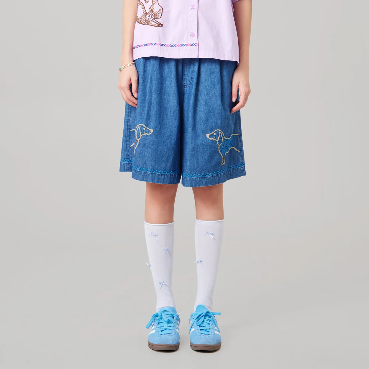 

MOVEUP Denim Straight Shorts 2026 Summer New Pure Cotton Elastic Waist Pocket Embroidery Commuting Shorts For Women 3ELX40117