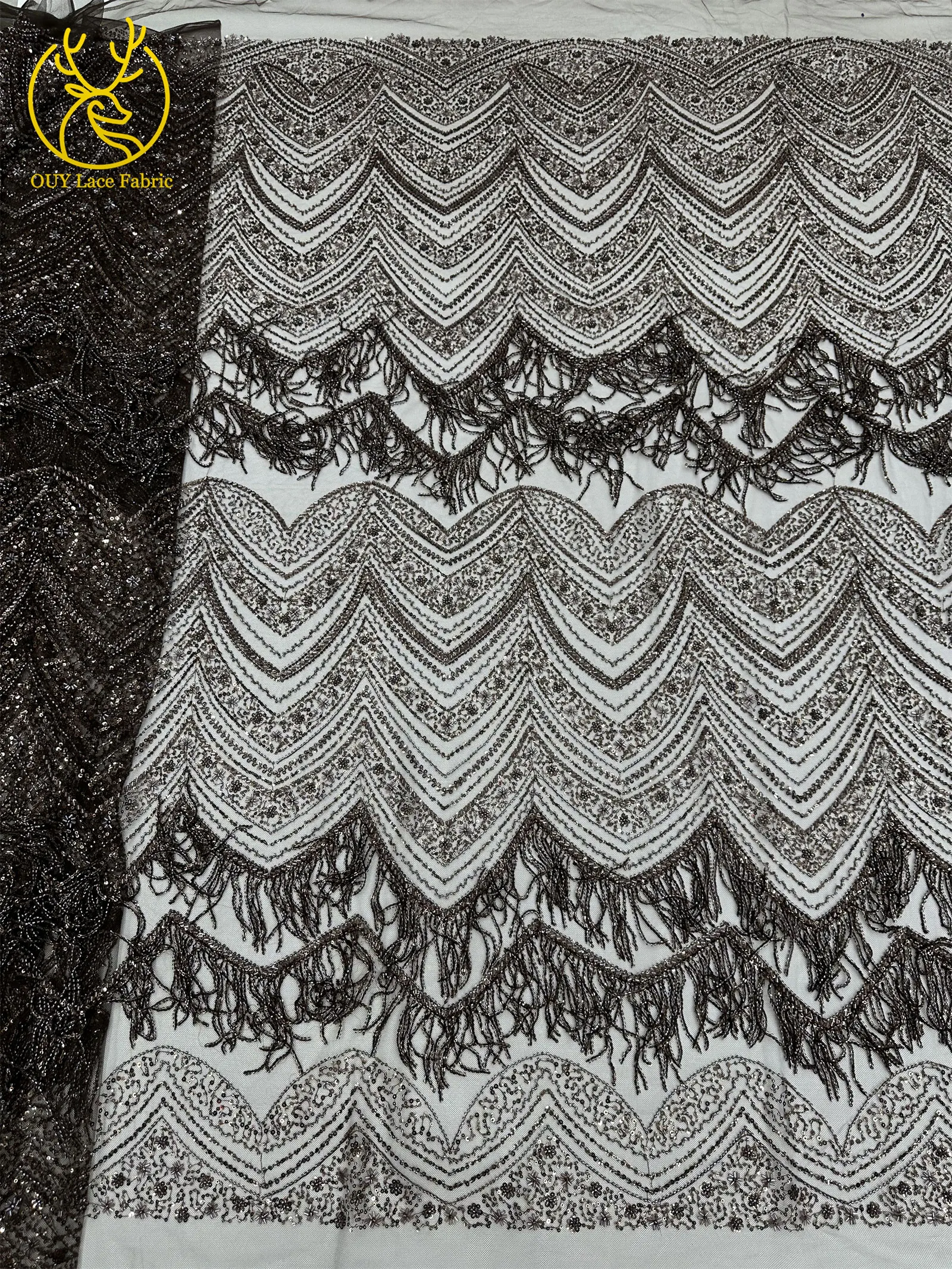 Hochwertiger 3D-Quasten-Perlen-Spitzenstoff, goldfarbener afrikanischer Perlen-Pailletten-Spitzenstoff, französische Tüllspitze für Hochzeitskleider, 5 Yards – Detail 18
