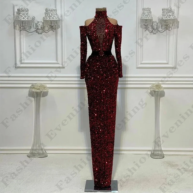 Hermoso vestido de noche con cuentas para mujer, hombros descubiertos, Sexy, elegante, cuello alto, mangas largas, fiesta de graduación, moda