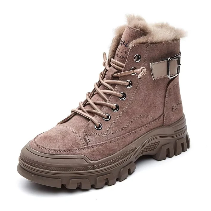 

2025 зимняя обувь из натуральной кожи, женские зимние ботинки, нескользящие теплые женские ботильоны на толстой подошве 3 см, черные, коричневые DX180