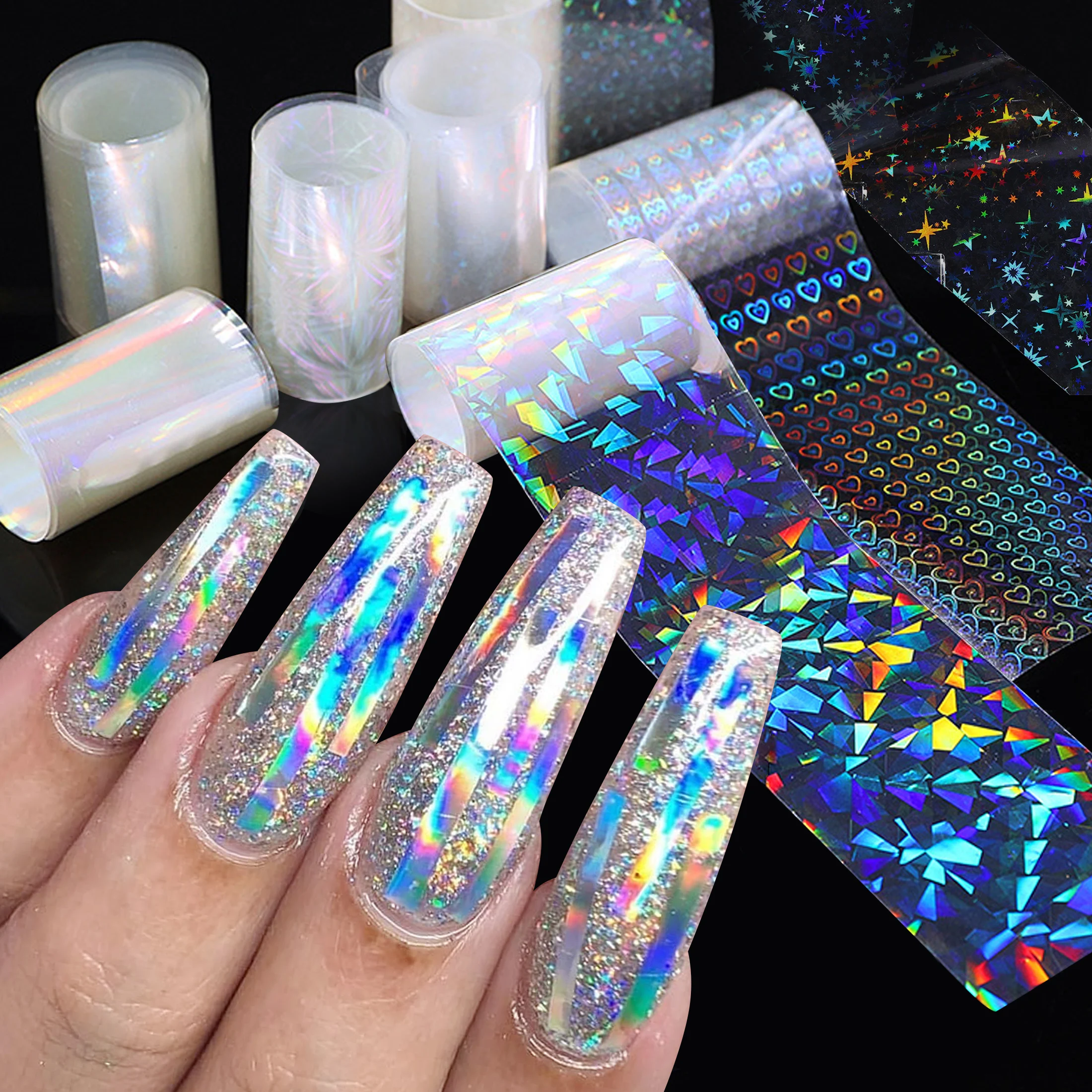 6pcs/set Nail Transfer Sticker Aurora Mirror Effect Nail Foils Starry Nail Wraps DIY Manicures Decals Slider Decor Accessories