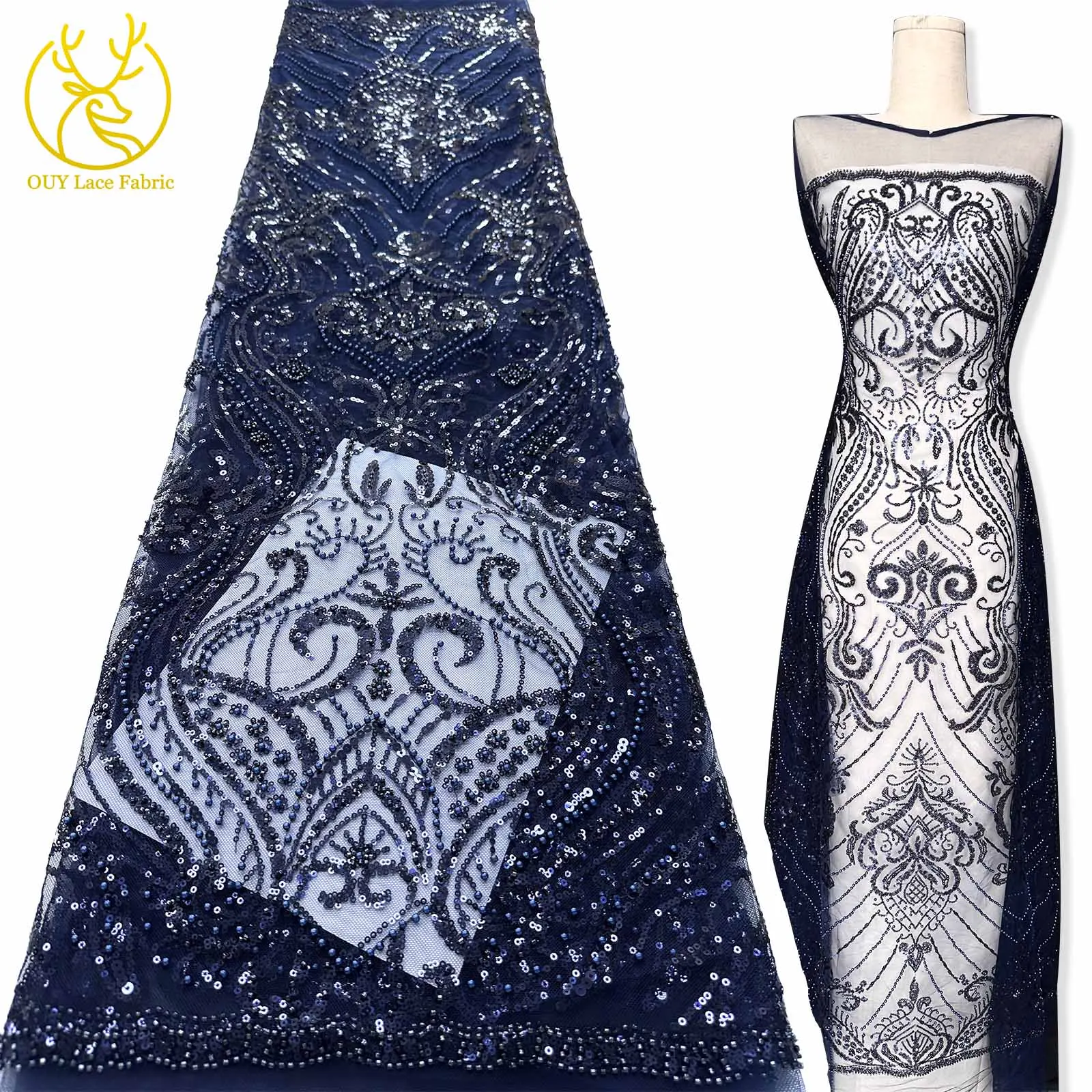 

Navy Blue Women's Dress African Beaded Lace Fabric 2025 New Luxury French Nigerian Sequins Tulle Lace Fabric Party Materials