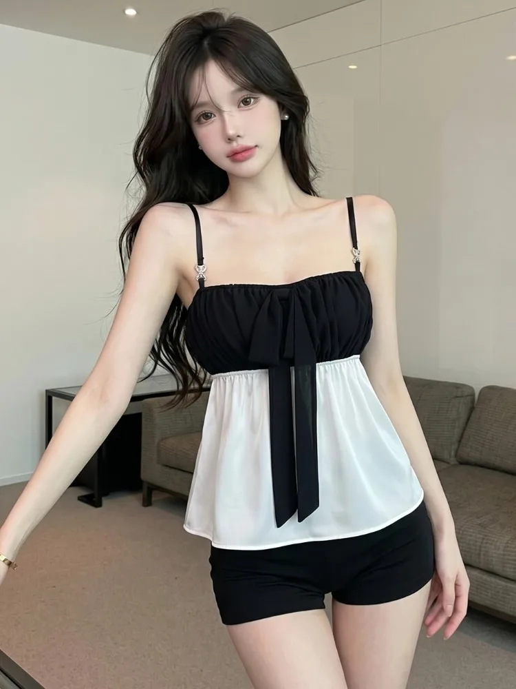 

French Style Loose Fit Color Block Strapless Vest Top for Women Summer Breathable Beach Holiday Wear Sleeveless Babydoll Shirt