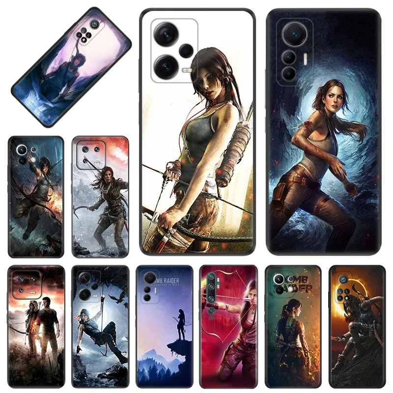 Black Phone Cases for Xiaomi 12S 12T 12 13 Lite Mi CC9 Redmi A1 A2 12C Note12 Pro 4G Plus Tomb Raider Lara Croft Fashion Cover