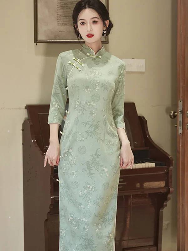 

Young Sle een Chinese Long Flag Robe with Sves Traditional Revival plus Size Spring Autumn Wear Fem