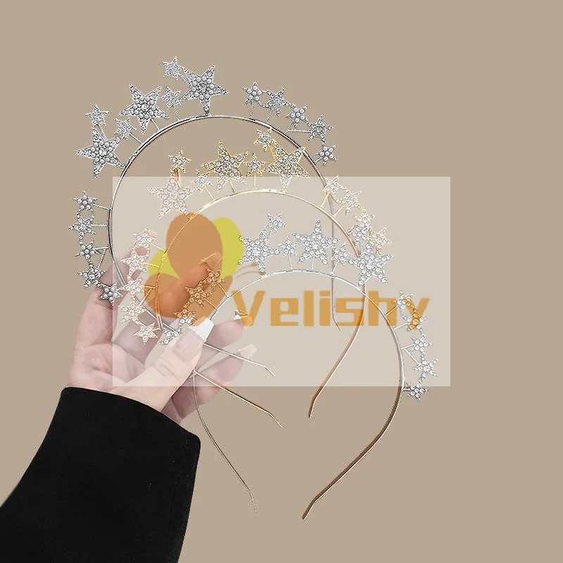 

Повязка на голову в европейском и американском стиле со стразами и жемчугом, пятиконечная звезда, преувеличенная и уникальная фестивальная повязка