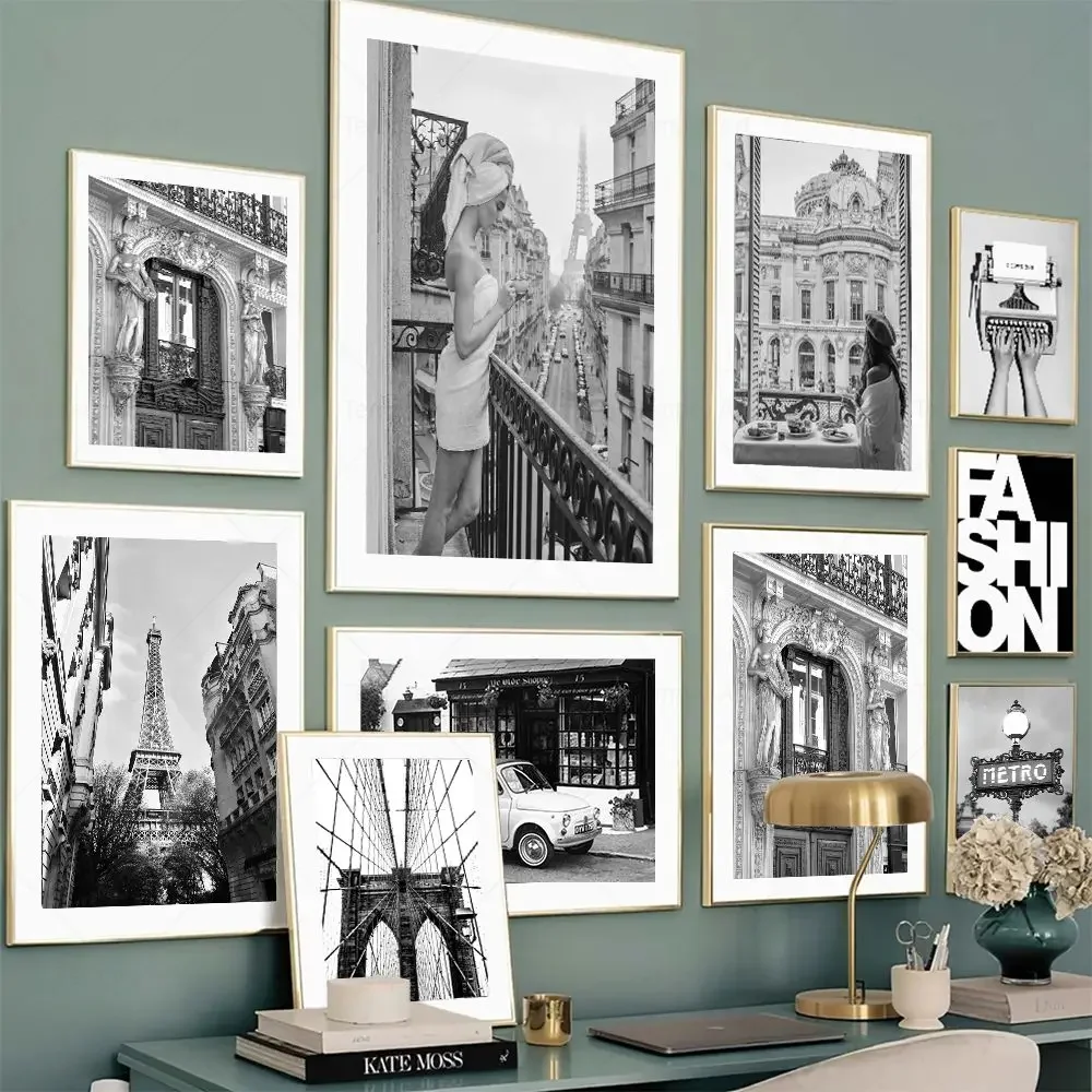 Frameless Canvas PaintingBlack White New York Brooklyn Bridge Vintage Car Girl Living Room Decor Wall Art Canvas Painting Poster
