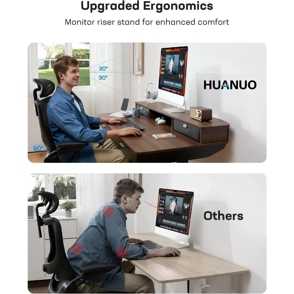 مكتب قائم كهربائي مقاس 55 × 30 بوصة مع أدراج خشبية، ارتفاع قابل للتعديل، حامل مكتب منزلي مع طبقتين، جوز #6