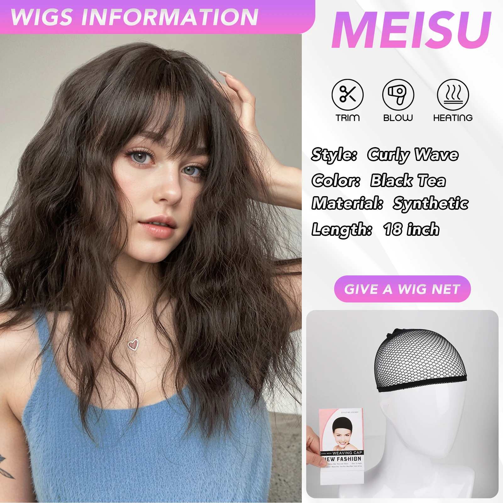 MEISU 18 Inch Water Curly Wave Bangs Wig Fiber Synthetic Heat-resistant Deep Wave Hair Natural Party or Selfie Cosplay Party