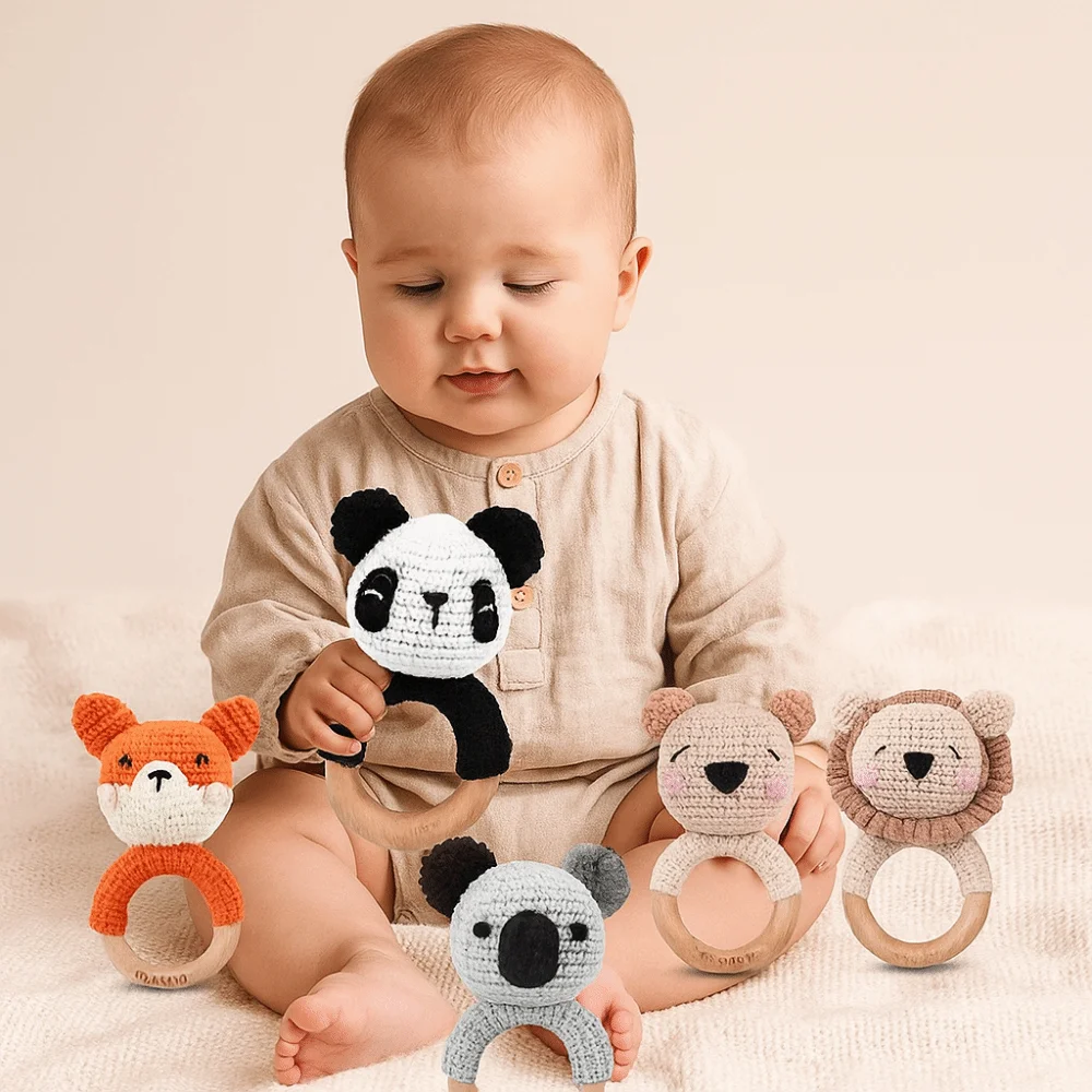 Chocalho de bebê leão, panda, elefante em forma de animal design de desenho animado chocalho musical brinquedos material de crochê função musical