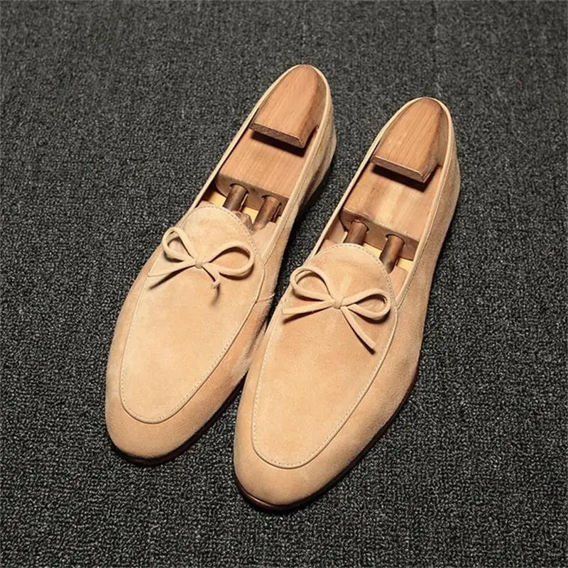 New Men Loafers Green Faux Suede Round Toe Low Heel Small Bow Fashion Business Casual Wedding Party Dress Shoes