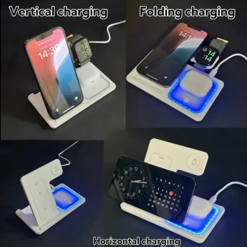 XIKCU طوي 3 في 1 حامل شاحن لاسلكي مصباح ليد قاعدة شحن سريعة آيفون 16-12 iWatch 10 9 8 Airpods Pro