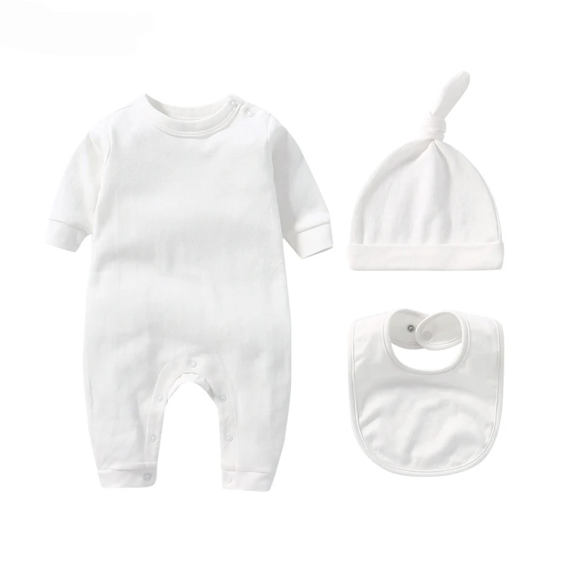 Newborn Infant Boys Clothing 100% Cotton Solid Color Long Sleeve Jumpsuit Bib Cap Three-Piece Set 0-12 Months Baby Girls Suit