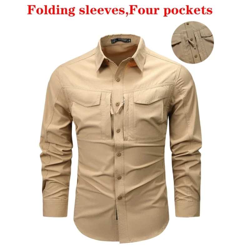 Mens Cargo Shirts Autumn Tactical Multi-pockets Armpit Breathable Techwear Outdoor Casual Workwear Tops Long Sleeve Shirt Men