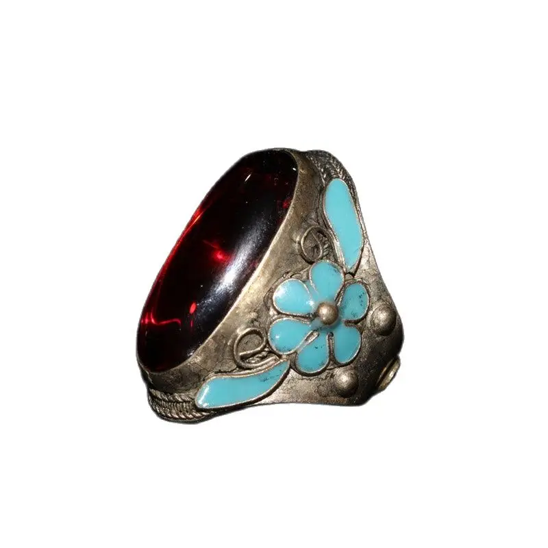 Chinese Old Craft  Made Old Tibetan Silver, Cloisonne Inlaid Red Zircon ,Silver Ring